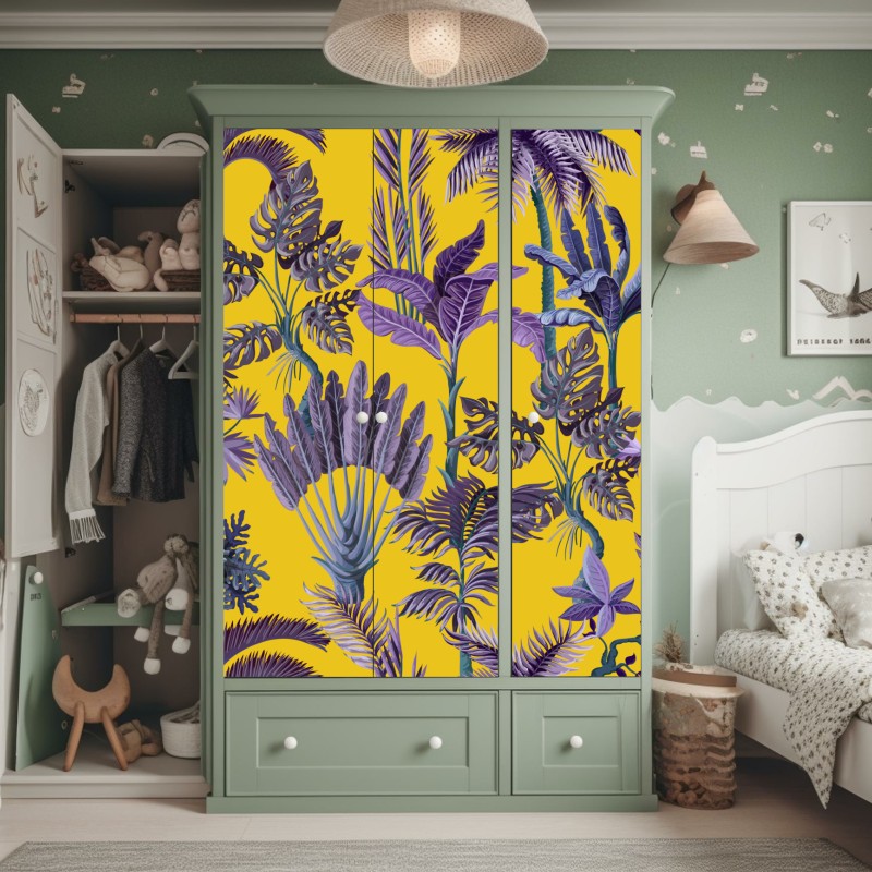 Naklejka na szafę tropikalne fioletowe liście na żółtym tle – Wallissimo® Naklejka na szafę tropikalne fioletowe liście na żółtym tle – Wallissimo®