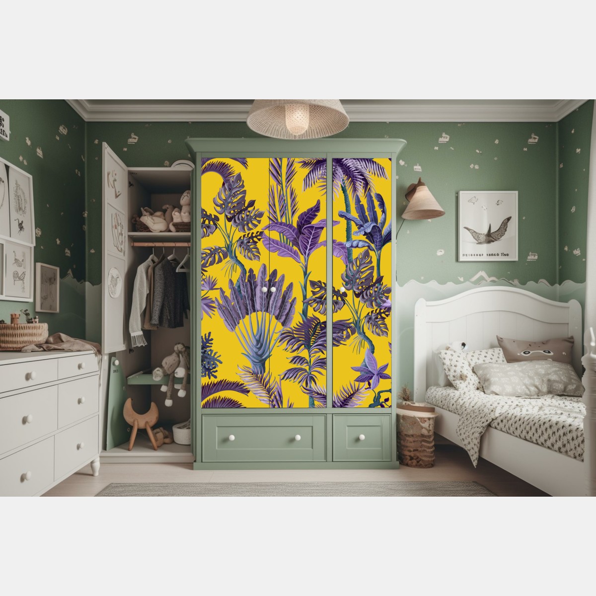 Naklejka na szafę tropikalne fioletowe liście na żółtym tle – Wallissimo® Naklejka na szafę tropikalne fioletowe liście na żółtym tle – Wallissimo®