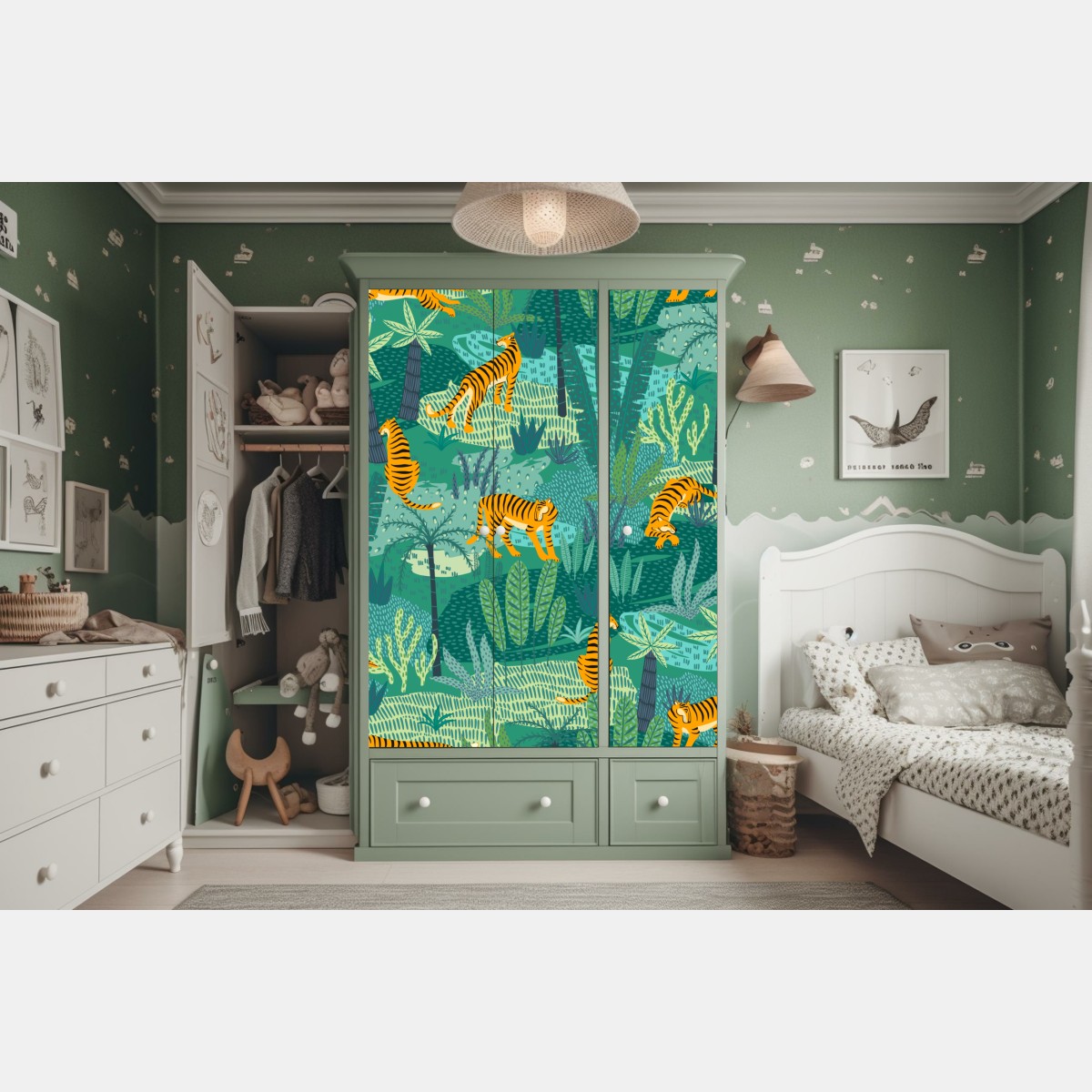 Naklejka na szafę tropikalna dżungla z tygrysami – Wallissimo® Naklejka na szafę tropikalna dżungla z tygrysami – Wallissimo®