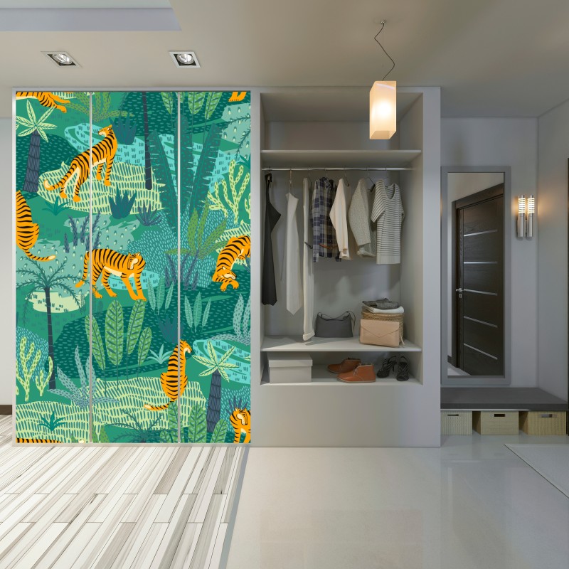 Naklejka na szafę tropikalna dżungla z tygrysami – Wallissimo® Naklejka na szafę tropikalna dżungla z tygrysami – Wallissimo®