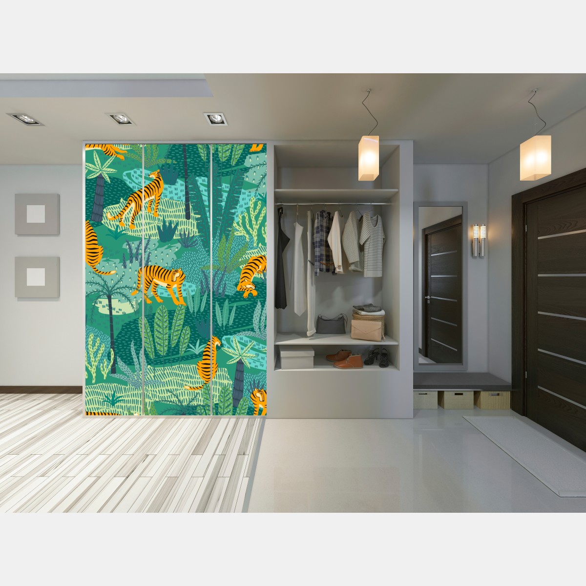 Naklejka na szafę tropikalna dżungla z tygrysami – Wallissimo® Naklejka na szafę tropikalna dżungla z tygrysami – Wallissimo®