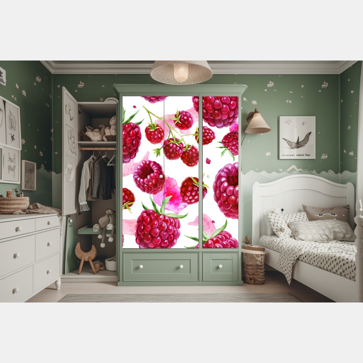 Naklejka na szafę akwarelowy wzór z malinami – Wallissimo® Naklejka na szafę akwarelowy wzór z malinami – Wallissimo®