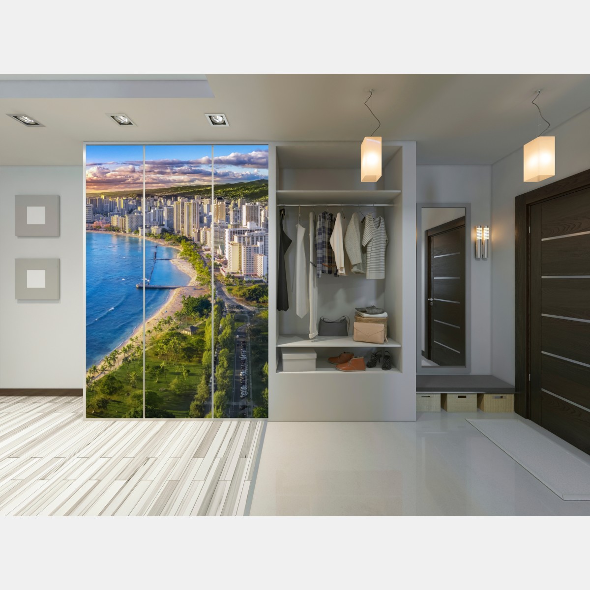 Naklejka na szafę panorama nadmorskiego miasta o zachodzie słońca – Wallissimo® Naklejka na szafę panorama nadmorskiego miasta o zachodzie słońca – Wallissimo®