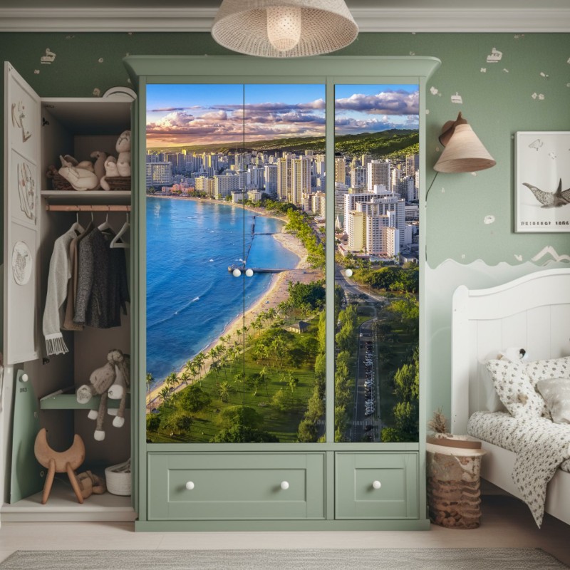 Naklejka na szafę panorama nadmorskiego miasta o zachodzie słońca – Wallissimo® Naklejka na szafę panorama nadmorskiego miasta o zachodzie słońca – Wallissimo®