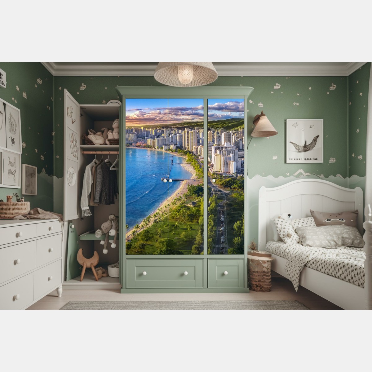 Naklejka na szafę panorama nadmorskiego miasta o zachodzie słońca – Wallissimo® Naklejka na szafę panorama nadmorskiego miasta o zachodzie słońca – Wallissimo®