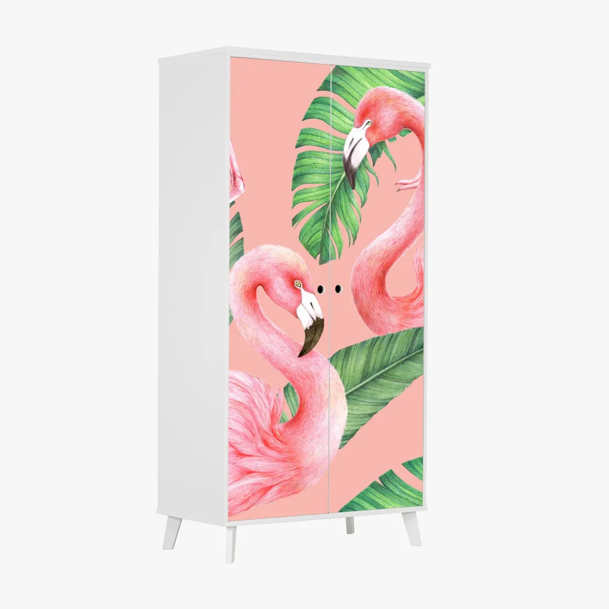 Naklejka na szafę różowy wzór z flamingami i liśćmi tropikalnymi – Wallissimo® Naklejka na szafę różowy wzór z flamingami i liśćmi tropikalnymi – Wallissimo®