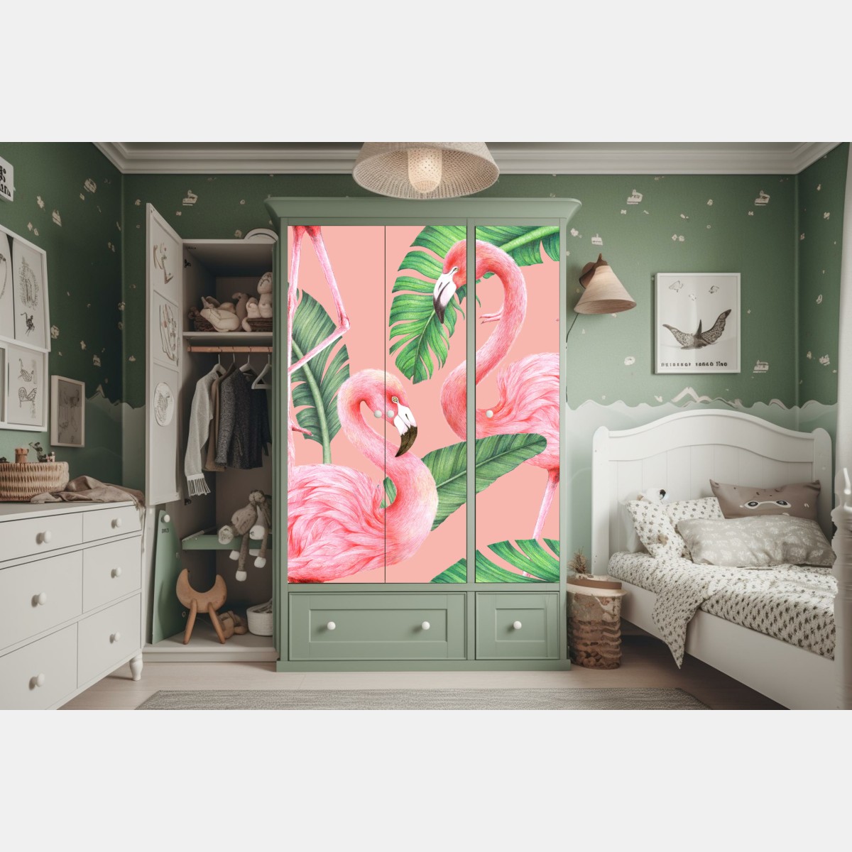 Naklejka na szafę różowy wzór z flamingami i liśćmi tropikalnymi – Wallissimo® Naklejka na szafę różowy wzór z flamingami i liśćmi tropikalnymi – Wallissimo®