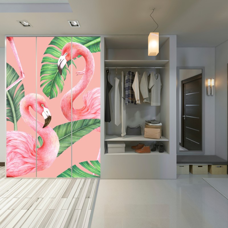 Naklejka na szafę różowy wzór z flamingami i liśćmi tropikalnymi – Wallissimo® Naklejka na szafę różowy wzór z flamingami i liśćmi tropikalnymi – Wallissimo®