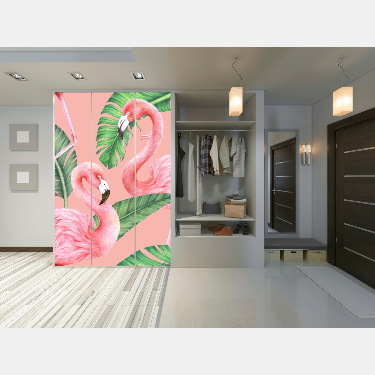 Naklejka na szafę różowy wzór z flamingami i liśćmi tropikalnymi – Wallissimo® Naklejka na szafę różowy wzór z flamingami i liśćmi tropikalnymi – Wallissimo®