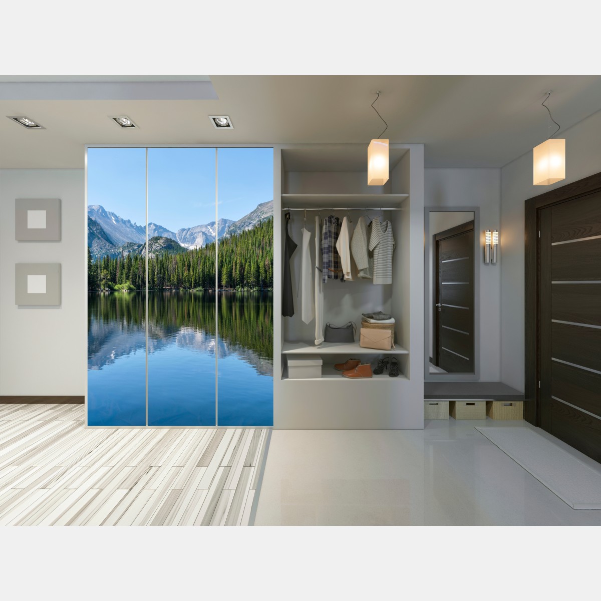 Naklejka na szafę górskie jezioro z odbiciem lasu i szczytów – Wallissimo® Naklejka na szafę górskie jezioro z odbiciem lasu i szczytów – Wallissimo®