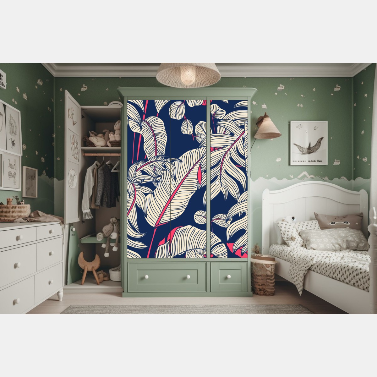 Naklejka na szafę granatowy tropikalny wzór z liśćmi – Wallissimo® Naklejka na szafę granatowy tropikalny wzór z liśćmi – Wallissimo®