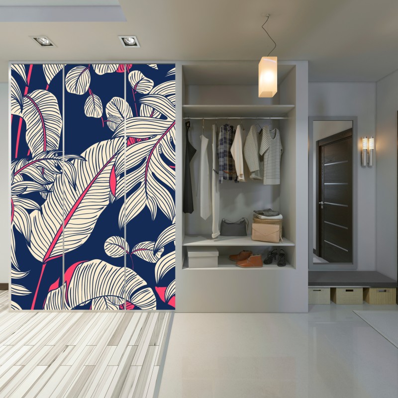 Naklejka na szafę granatowy tropikalny wzór z liśćmi – Wallissimo® Naklejka na szafę granatowy tropikalny wzór z liśćmi – Wallissimo®