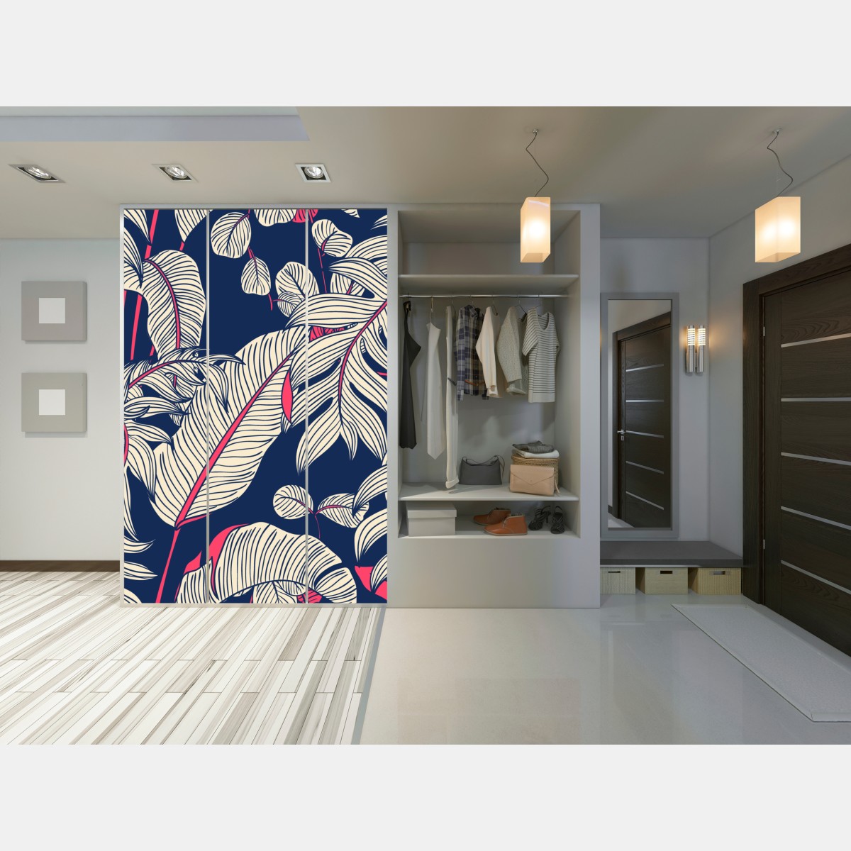 Naklejka na szafę granatowy tropikalny wzór z liśćmi – Wallissimo® Naklejka na szafę granatowy tropikalny wzór z liśćmi – Wallissimo®