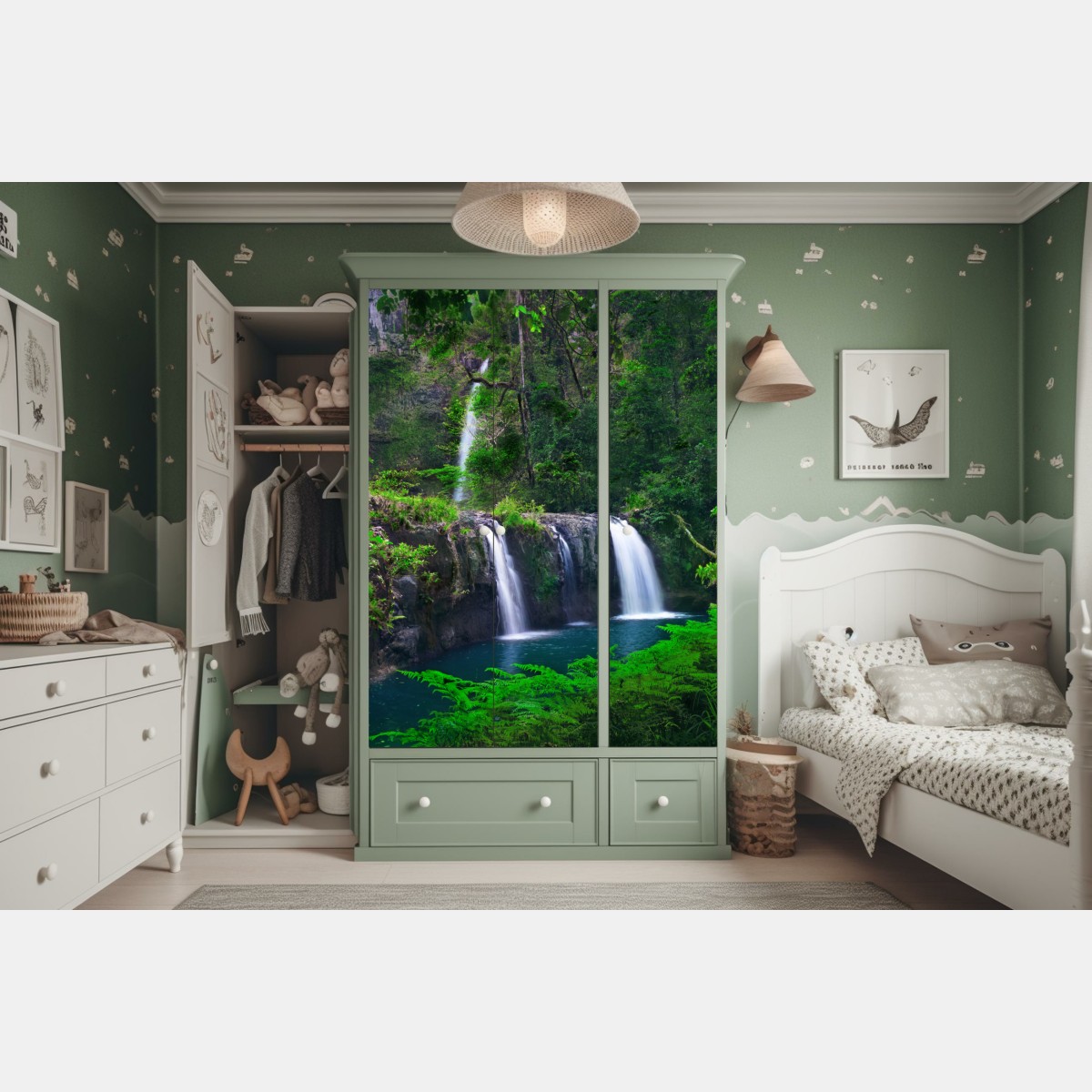 Naklejka na szafę uspokajający wodospad w szmaragdowym lesie – Wallissimo® Naklejka na szafę uspokajający wodospad w szmaragdowym lesie – Wallissimo®