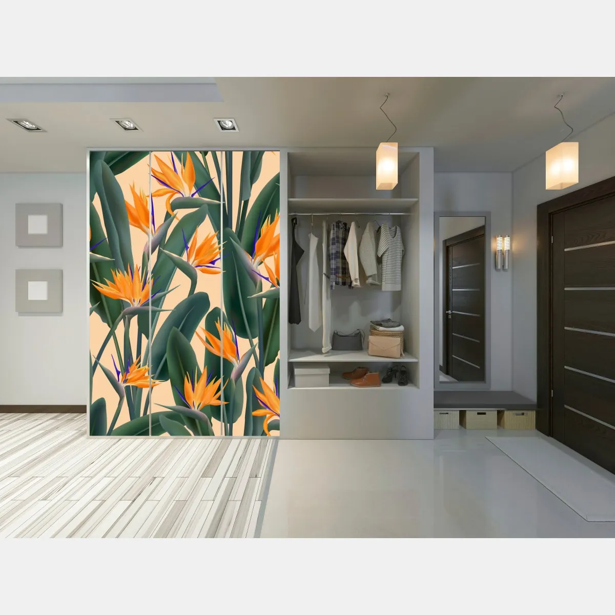 Naklejka na szafę tropikalny wzór strelicji – Wallissimo® Naklejka na szafę tropikalny wzór strelicji – Wallissimo®