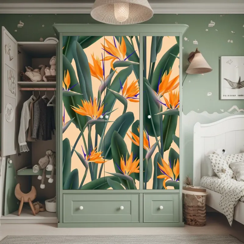 Naklejka na szafę tropikalny wzór strelicji – Wallissimo® Naklejka na szafę tropikalny wzór strelicji – Wallissimo®
