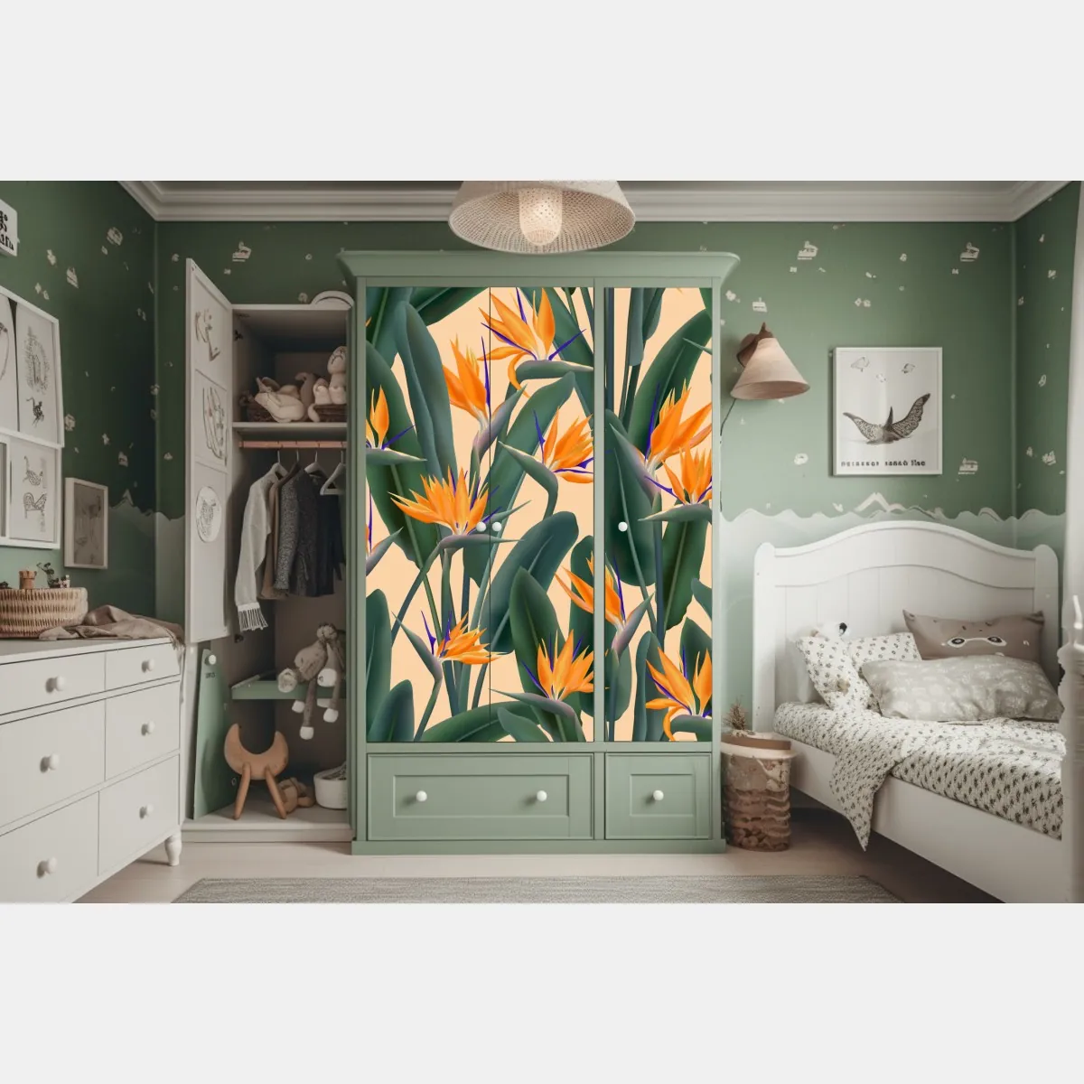Naklejka na szafę tropikalny wzór strelicji – Wallissimo® Naklejka na szafę tropikalny wzór strelicji – Wallissimo®