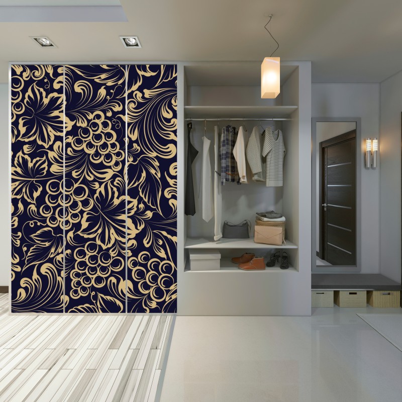 Naklejka na szafę elegancki barokowy wzór z winogronami w złocie – Wallissimo® Naklejka na szafę elegancki barokowy wzór z winogronami w złocie – Wallissimo®