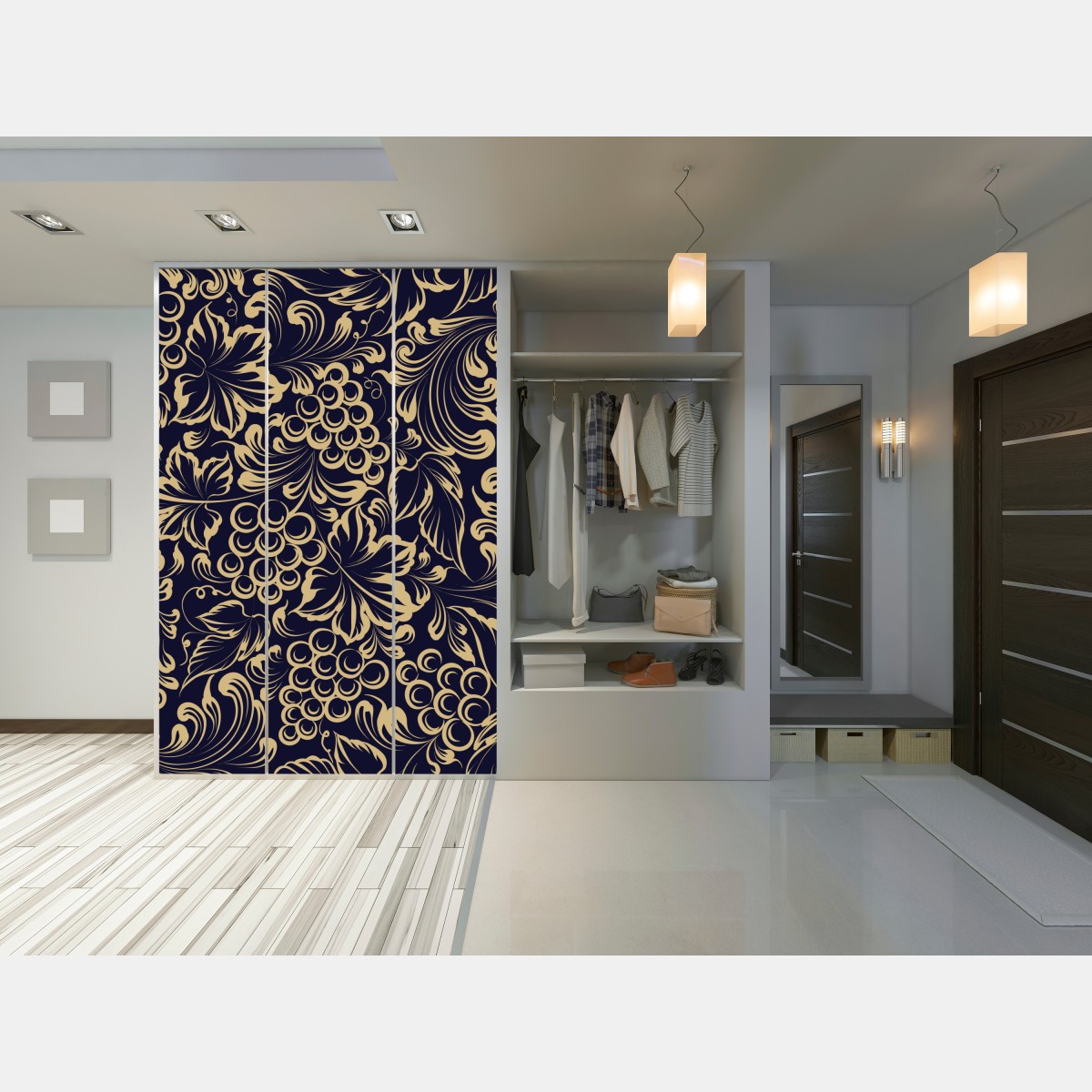 Naklejka na szafę elegancki barokowy wzór z winogronami w złocie – Wallissimo® Naklejka na szafę elegancki barokowy wzór z winogronami w złocie – Wallissimo®