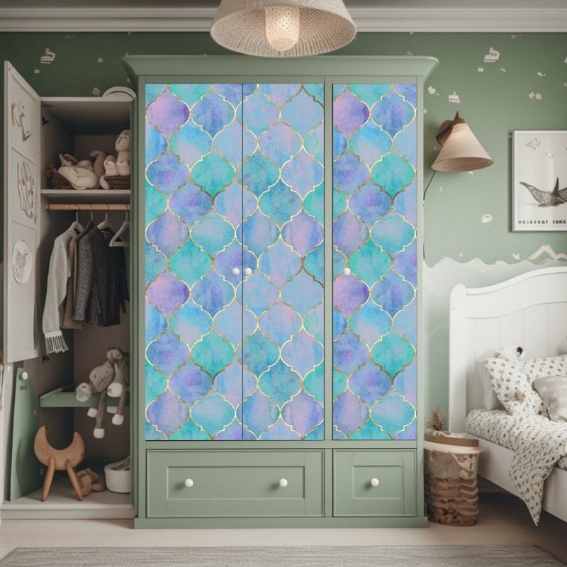 Naklejka na szafę pastelowy turkusowy wzór marokańskich płytek – Wallissimo® Naklejka na szafę pastelowy turkusowy wzór marokańskich płytek – Wallissimo®