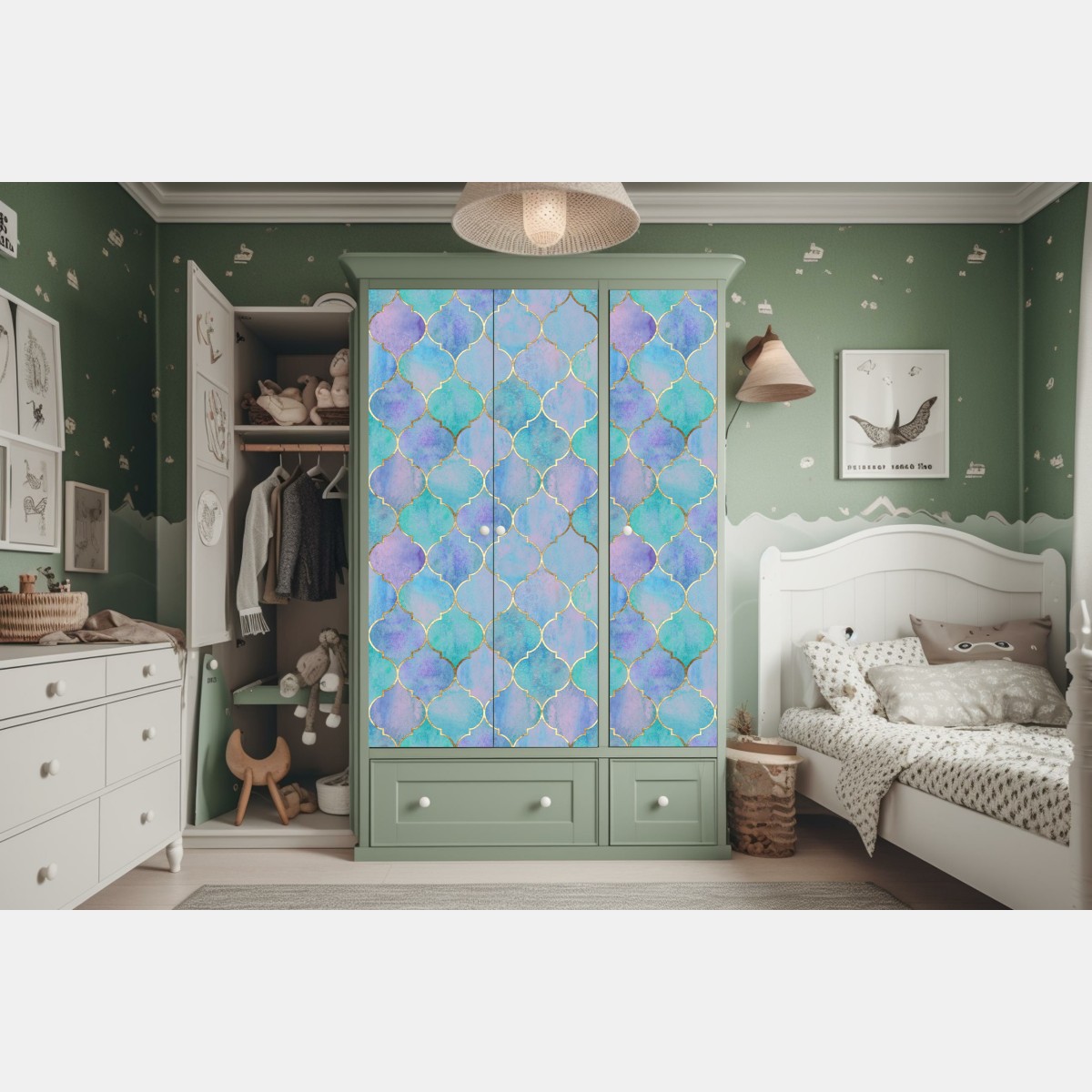 Naklejka na szafę pastelowy turkusowy wzór marokańskich płytek – Wallissimo® Naklejka na szafę pastelowy turkusowy wzór marokańskich płytek – Wallissimo®