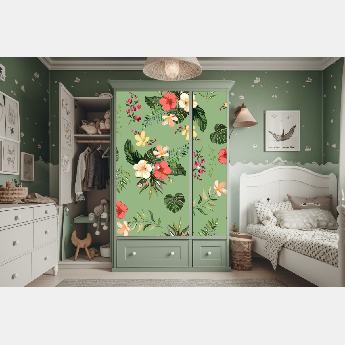 Naklejka na szafę zielony tropikalny wzór hibiskusa – Wallissimo® Naklejka na szafę zielony tropikalny wzór hibiskusa – Wallissimo®