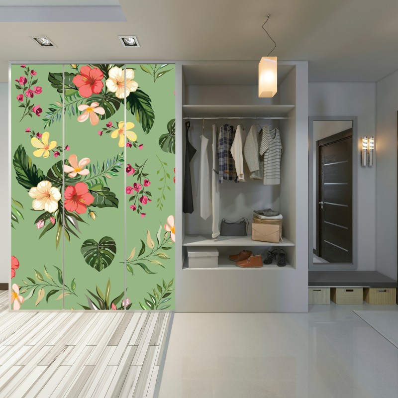 Naklejka na szafę zielony tropikalny wzór hibiskusa – Wallissimo® Naklejka na szafę zielony tropikalny wzór hibiskusa – Wallissimo®