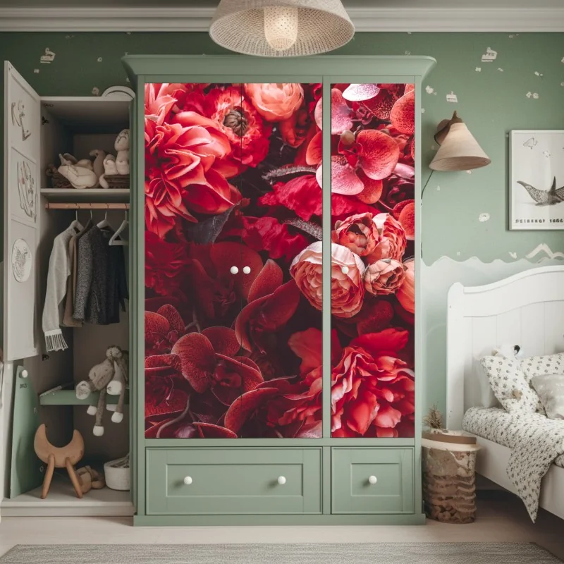 Naklejka na szafę kwiatowa symfonia w odcieniach czerwieni – Wallissimo® Naklejka na szafę kwiatowa symfonia w odcieniach czerwieni – Wallissimo®