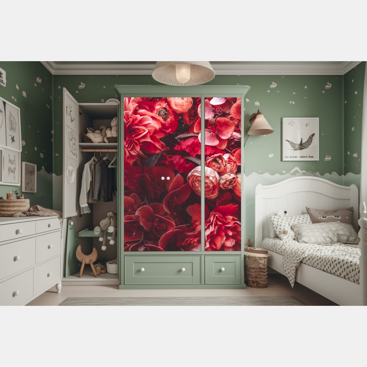 Naklejka na szafę kwiatowa symfonia w odcieniach czerwieni – Wallissimo® Naklejka na szafę kwiatowa symfonia w odcieniach czerwieni – Wallissimo®