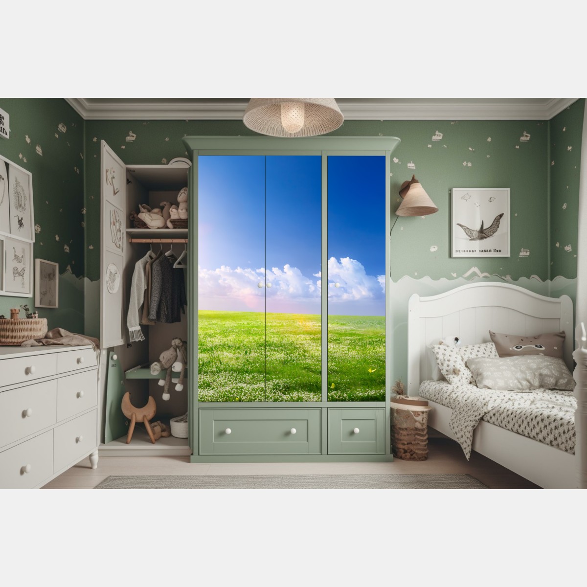 Naklejka na szafę słoneczna wiosenna łąka pod niebieskim niebem – Wallissimo® Naklejka na szafę słoneczna wiosenna łąka pod niebieskim niebem – Wallissimo®