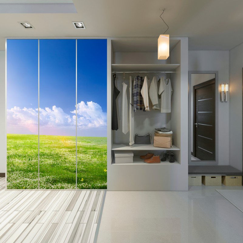 Naklejka na szafę słoneczna wiosenna łąka pod niebieskim niebem – Wallissimo® Naklejka na szafę słoneczna wiosenna łąka pod niebieskim niebem – Wallissimo®