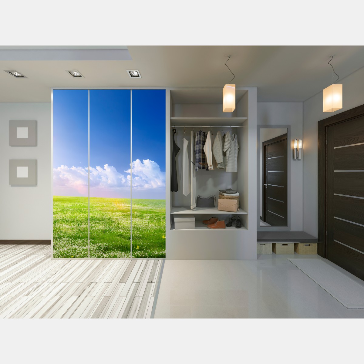 Naklejka na szafę słoneczna wiosenna łąka pod niebieskim niebem – Wallissimo® Naklejka na szafę słoneczna wiosenna łąka pod niebieskim niebem – Wallissimo®