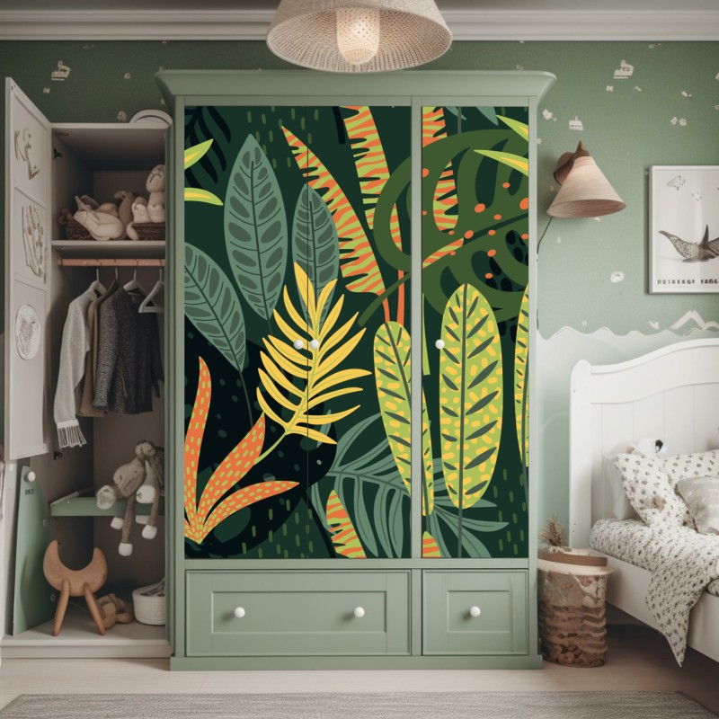 Naklejka na szafę tropikalna dżungla bujnych liści – Wallissimo® Naklejka na szafę tropikalna dżungla bujnych liści – Wallissimo®