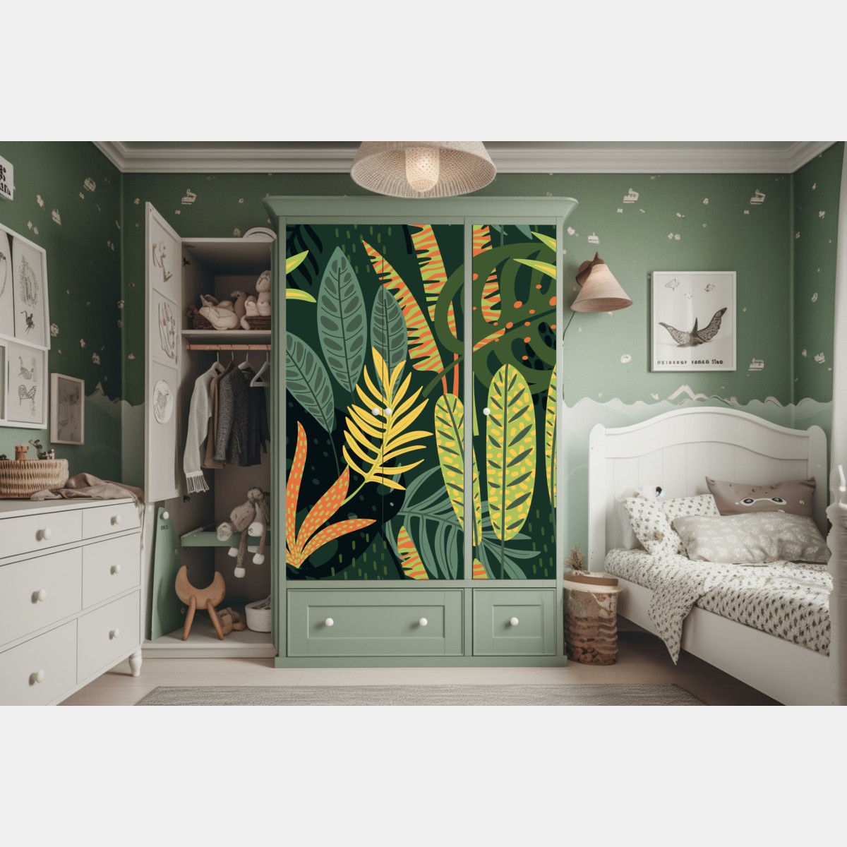 Naklejka na szafę tropikalna dżungla bujnych liści – Wallissimo® Naklejka na szafę tropikalna dżungla bujnych liści – Wallissimo®