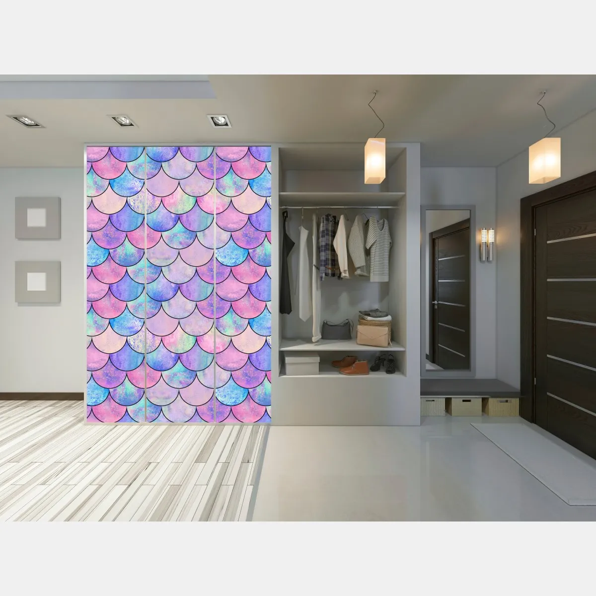 Naklejka na szafę pastelowy wzór łusek syreny – Wallissimo® Naklejka na szafę pastelowy wzór łusek syreny – Wallissimo®