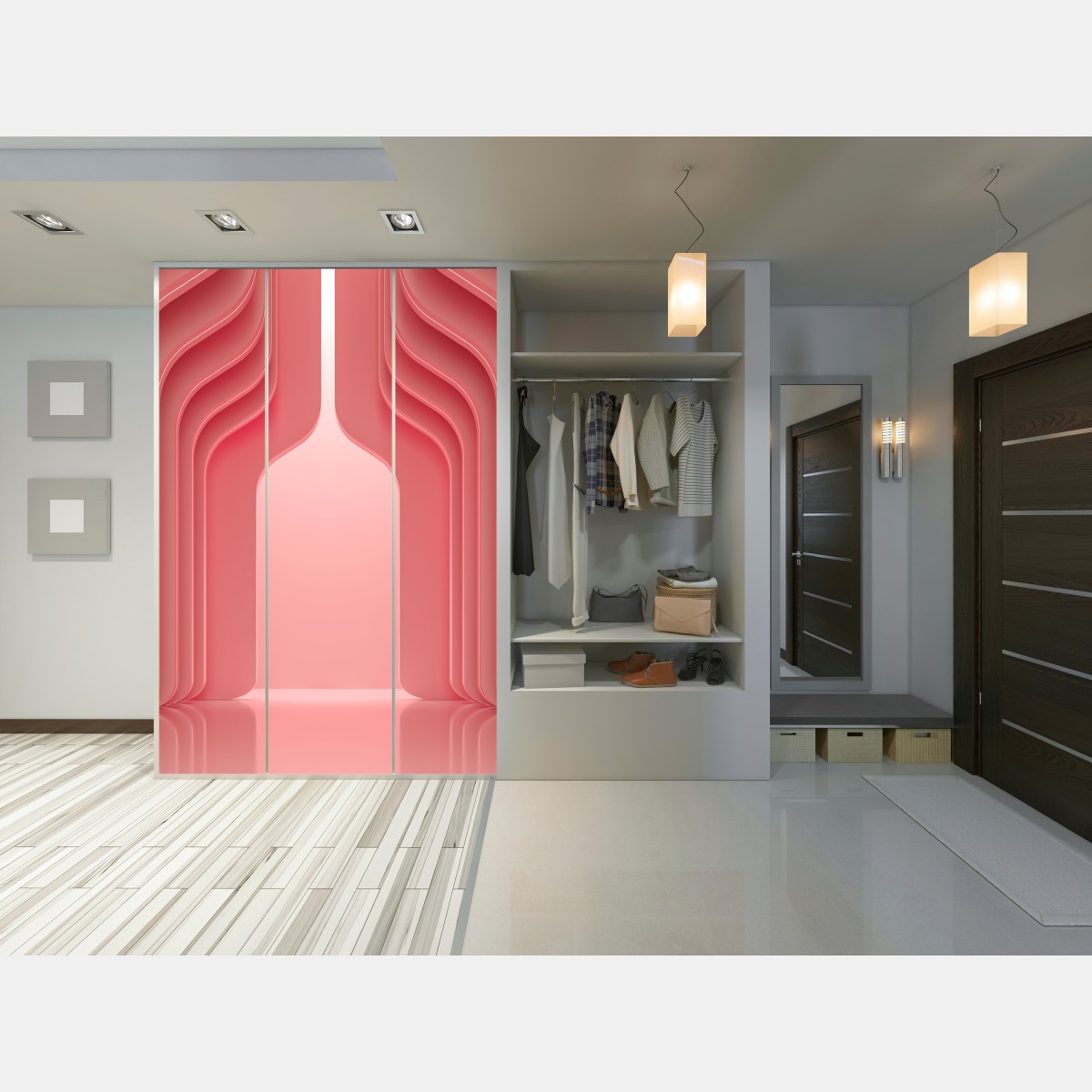 Naklejka na szafę nowoczesne luksusowe wnętrze w odcieniach koralowego różu – Wallissimo® Naklejka na szafę nowoczesne luksusowe wnętrze w odcieniach koralowego różu – Wallissimo®