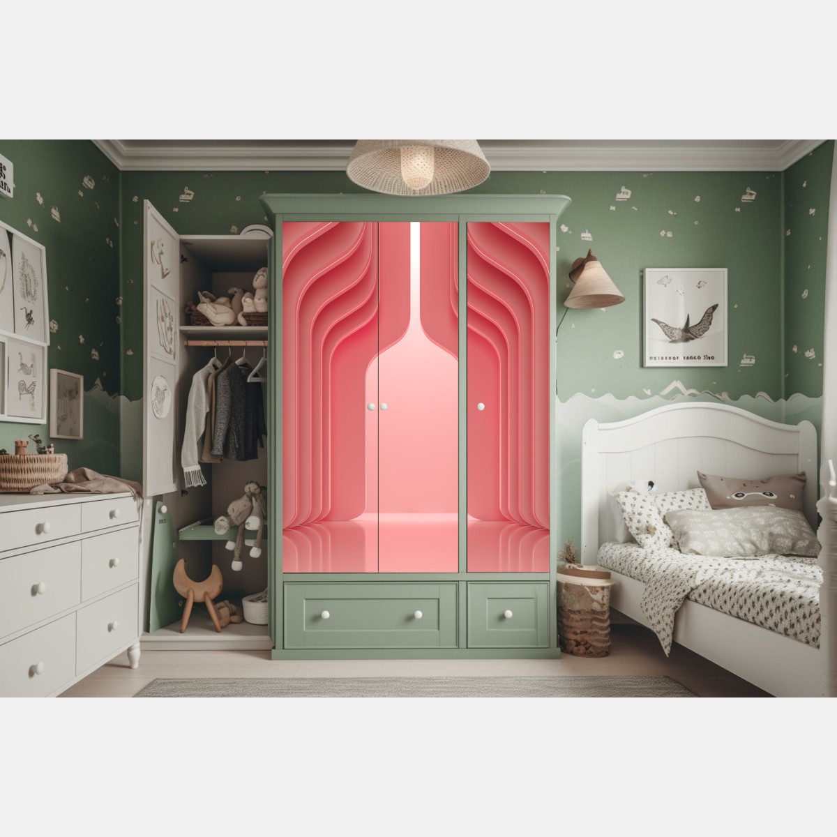 Naklejka na szafę nowoczesne luksusowe wnętrze w odcieniach koralowego różu – Wallissimo® Naklejka na szafę nowoczesne luksusowe wnętrze w odcieniach koralowego różu – Wallissimo®