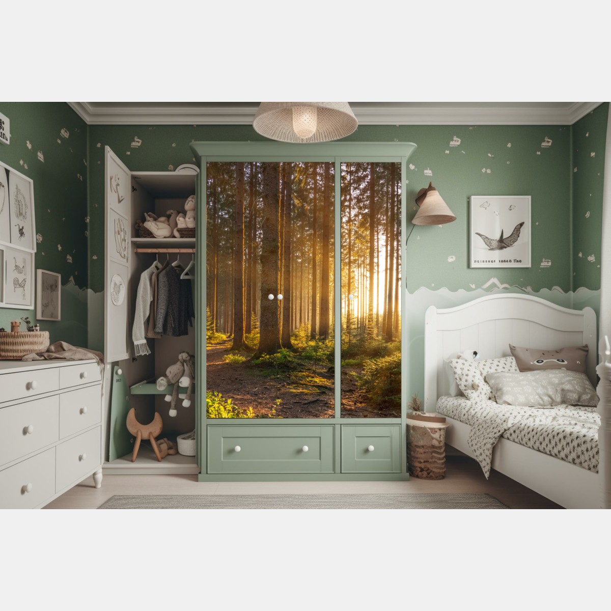Naklejka na szafę słoneczny las o poranku – Wallissimo® Naklejka na szafę słoneczny las o poranku – Wallissimo®