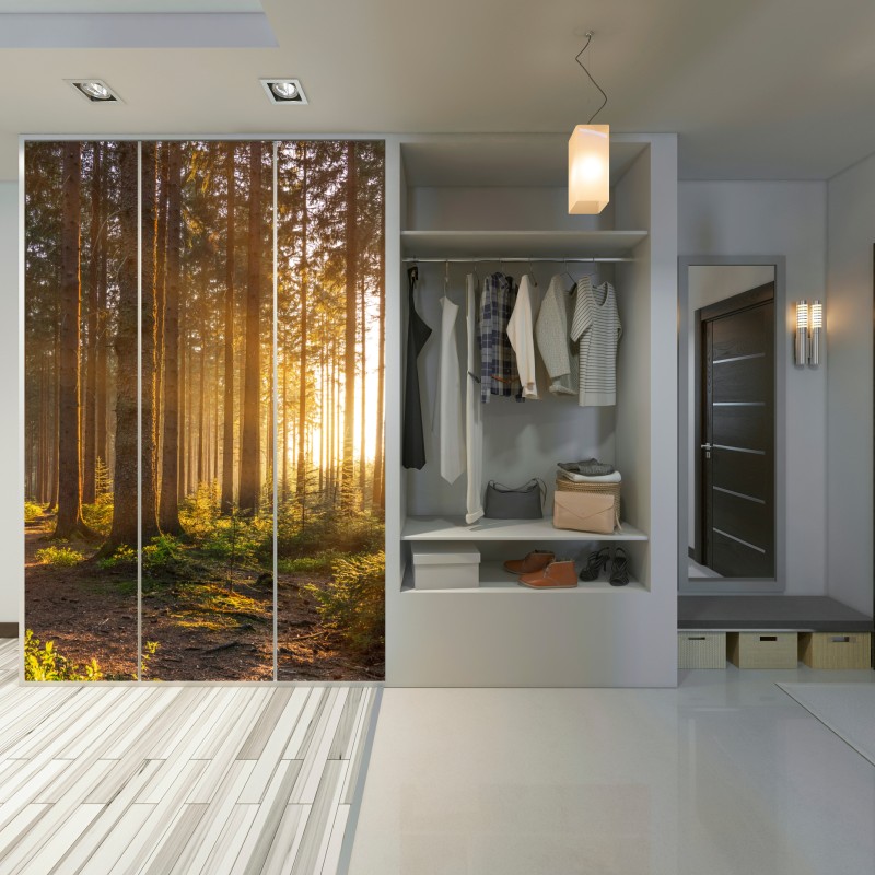 Naklejka na szafę słoneczny las o poranku – Wallissimo® Naklejka na szafę słoneczny las o poranku – Wallissimo®