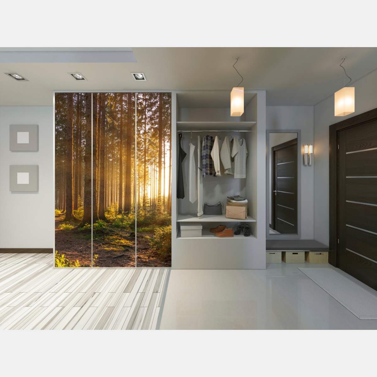 Naklejka na szafę słoneczny las o poranku – Wallissimo® Naklejka na szafę słoneczny las o poranku – Wallissimo®