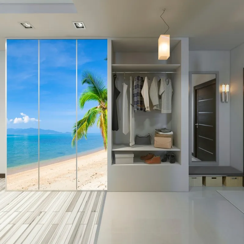 Naklejka na szafę słoneczna uliczka z kamiennymi domami i kolorowymi okiennicami – Wallissimo®