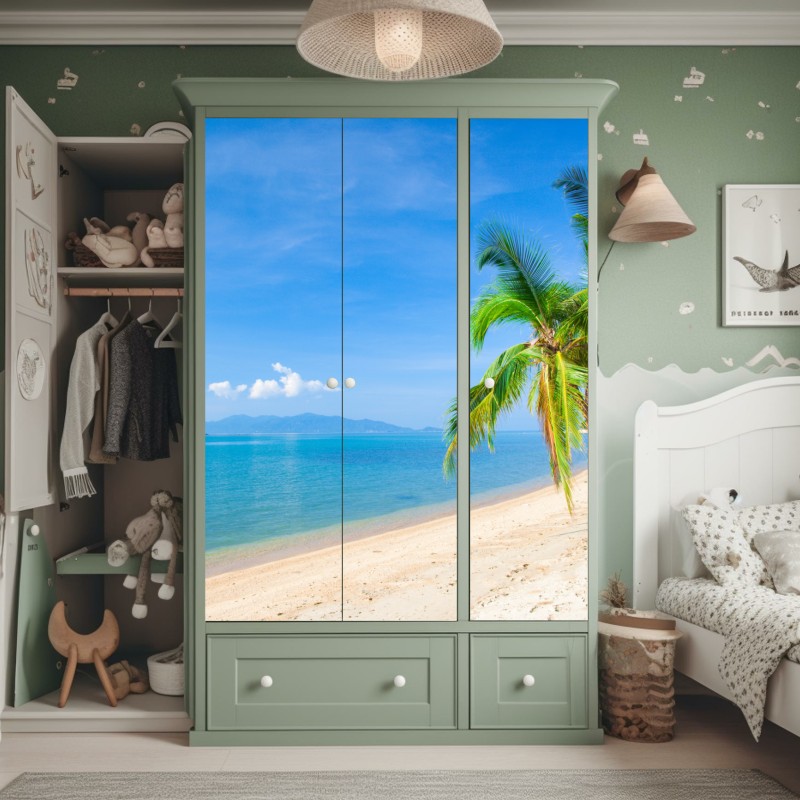 Naklejka na szafę tropikalna plaża z palmami – Wallissimo® Naklejka na szafę tropikalna plaża z palmami – Wallissimo®