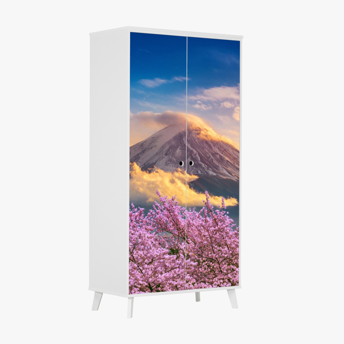 Wardrobe sticker Mount Fuji with cherry blossoms at sunrise