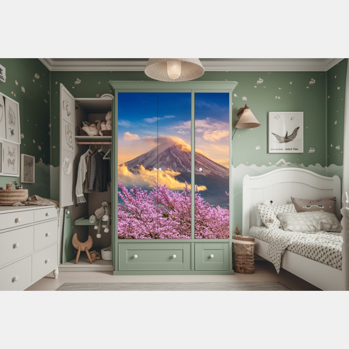 Naklejka na szafę Góra Fuji z kwitnącą sakurą o wschodzie słońca – Wallissimo® Naklejka na szafę Góra Fuji z kwitnącą sakurą o wschodzie słońca – Wallissimo®