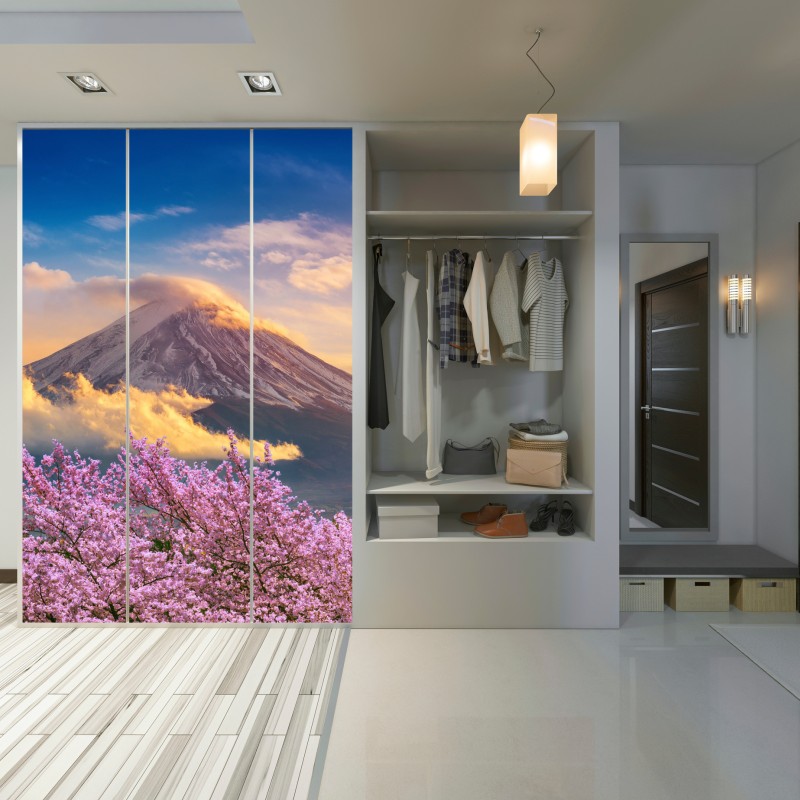 Naklejka na szafę Góra Fuji z kwitnącą sakurą o wschodzie słońca – Wallissimo® Naklejka na szafę Góra Fuji z kwitnącą sakurą o wschodzie słońca – Wallissimo®