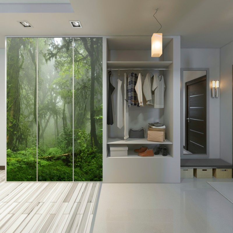 Naklejka na szafę mglisty tropikalny szlak w dżungli – Wallissimo® Naklejka na szafę mglisty tropikalny szlak w dżungli – Wallissimo®