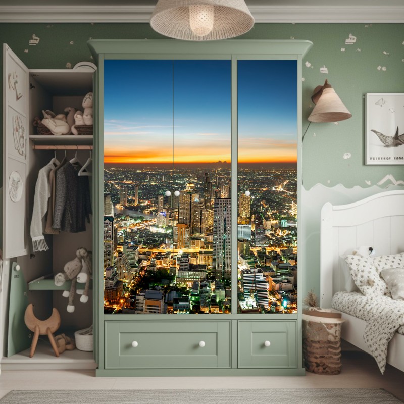 Naklejka na szafę panorama Bangkoku o zmierzchu – Wallissimo® Naklejka na szafę panorama Bangkoku o zmierzchu – Wallissimo®