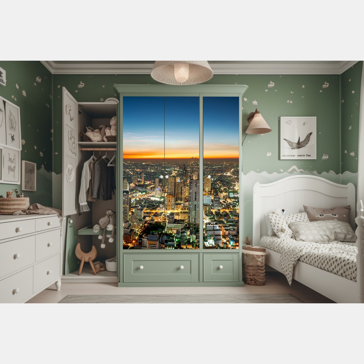 Naklejka na szafę panorama Bangkoku o zmierzchu – Wallissimo® Naklejka na szafę panorama Bangkoku o zmierzchu – Wallissimo®