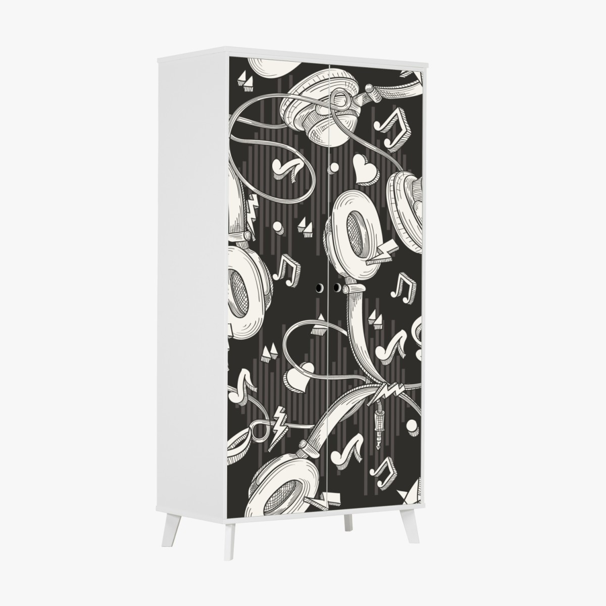 Wardrobe sticker monochrome headphones and music notes pattern