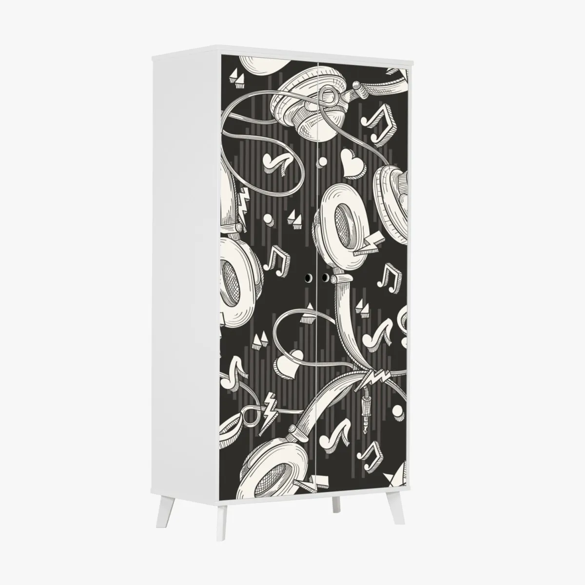 Naklejka na szafę monochromatyczny wzór słuchawek i nut – Wallissimo® Naklejka na szafę monochromatyczny wzór słuchawek i nut – Wallissimo®